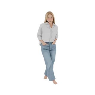 3D-Modell einer blonden Frau in weißem Hemd und blauen Jeans, stehend mit den Händen in den Taschen.