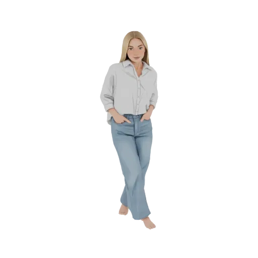 3D model of a blonde woman in a white shirt and blue jeans, standing with hands in pockets.