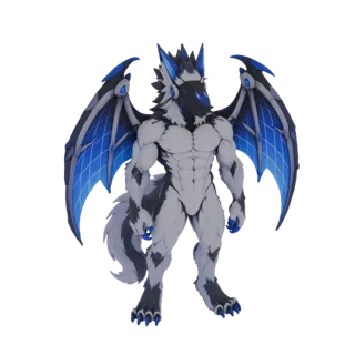 Una representación de cuerpo completo de un lobo dragón cibernético con grandes alas de patrón azul, de pie sobre un fondo bl