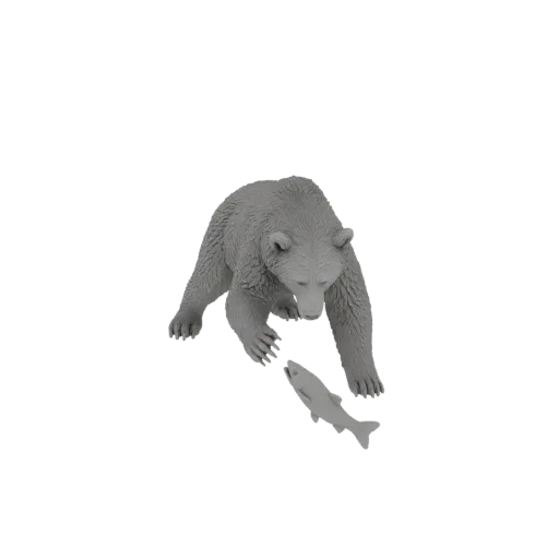 3D model of a grey bear lunging to catch a grey fish, against a white background.