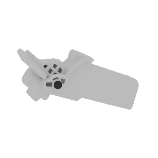 Renderização de modelo 3D de um clipe mecânico branco com engrenagens interligadas visíveis e pino de fixação preto.