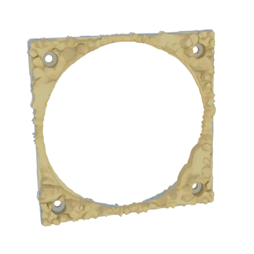 3D model of a square fan mount with a rough, textured edge and four bolt holes, viewed from a slight angle.