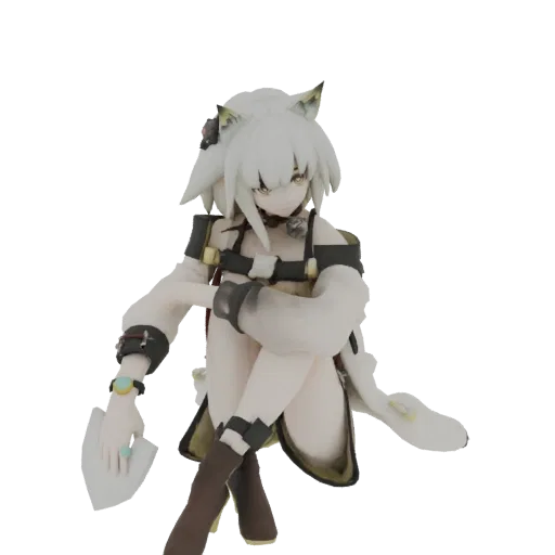Modello 3D di una ragazza anime dai capelli bianchi seduta con le gambe incrociate, che indossa un outfit dettagliato.