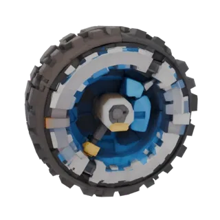 Modèle 3D de roue de robot pixelisée avec noyau bleu et bande de roulement