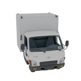 3D model render of a white box truck with a cargo container, viewed from a slightly elevated front angle.