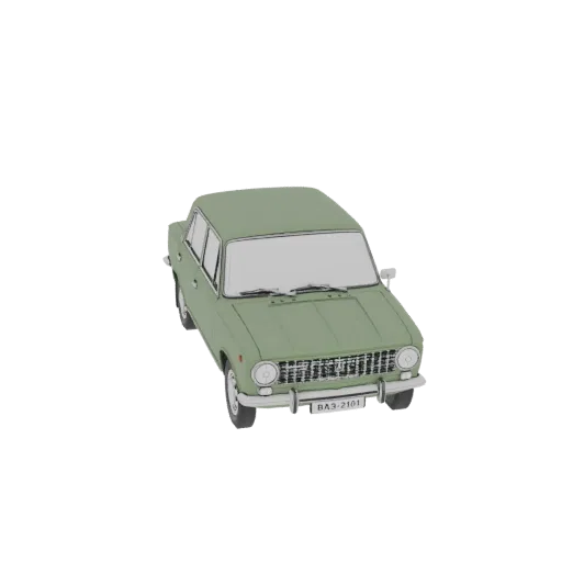 Un modèle 3D de sedan soviétique vert vintage, vu sous un angle légèrement élevé avant gauche, sur fond blanc.