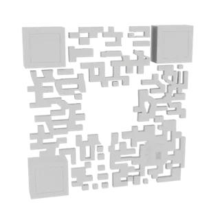Ein 3D-Modell eines grauen QR-Codes mit markanten Suchmustern, präsentiert vor einem weißen Hintergrund.