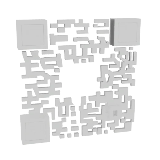 Um modelo 3D de um código QR cinza com padrões de localização proeminentes, apresentado contra um fundo branco.
