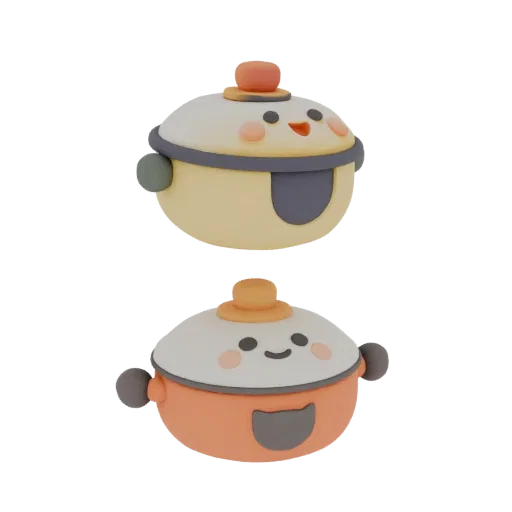 Modelo 3D de dos tiernos maceteros para comida, uno amarillo, otro naranja, con tapas y rasgos faciales expresivos.