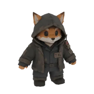 3D model of a cute anthropomorphic fox character wearing a dark hazmat suit with a hood, utility vest, and belt, set against