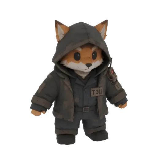 3D model of a cute anthropomorphic fox character wearing a dark hazmat suit with a hood, utility vest, and belt, set against