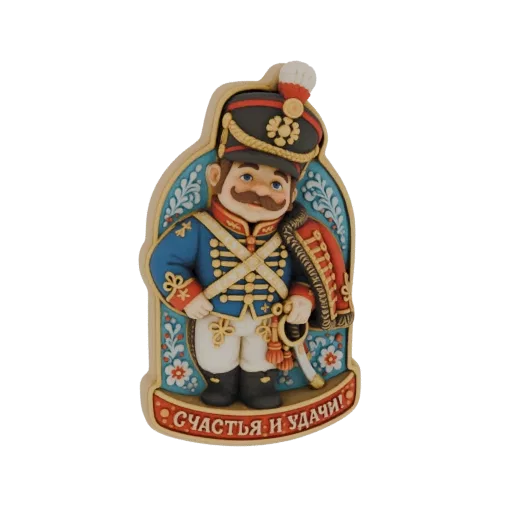 3D model of a stylized Russian Hussar figurine in a blue uniform with gold trim, holding a sword, and a decorative inscriptio