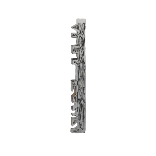 Modelo 3D de uma escultura vertical abstrata com superfície áspera e texturizada e linhas escuras e fluidas, apresentado sobr