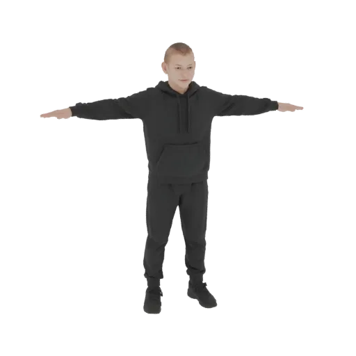 Modelo 3D de um garoto vestindo moletom preto e calça de moletom, em pé com braços estendidos.