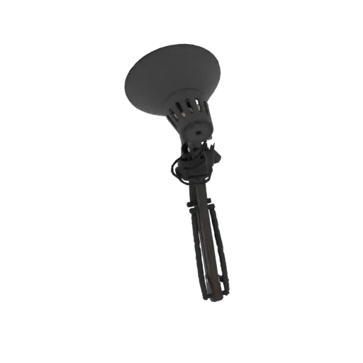 3D model of a dark, adjustable desk lamp with a dome-shaped shade and articulated arm, shown against a white background.