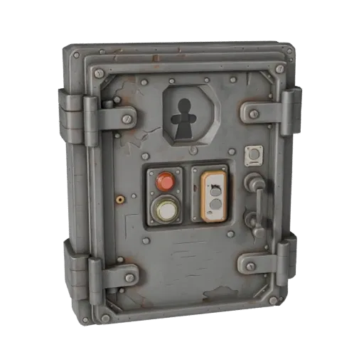 Industrial Locked Door Panel High Poly 3D model, close-up studio render, showing metal hinges, form detail.