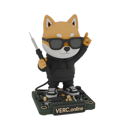 3D model of a Shiba Inu character in sunglasses and hoodie, holding a soldering iron, standing on a circuit board base with V