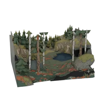 3D model of a miniature forest diorama with a pond, birch trees, evergreen trees, and a detailed forest floor.