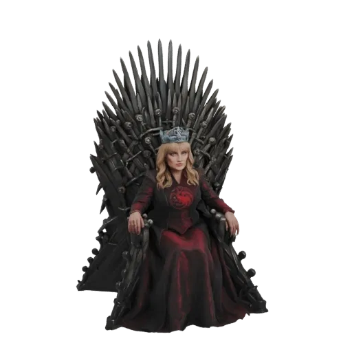 3D model of Queen Daenerys Targaryen wearing a crown and a red dress, seated on the Iron Throne.