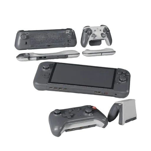 Next Gen Handheld Console Product Viz 3D model, three-quarter studio product render, showing matte plastic, form detail.