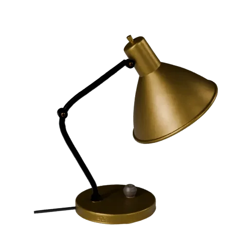 Brass Desk Lamp game ready 3D model, isometric studio render, highlighting lamp seams, edges, and finish layers.