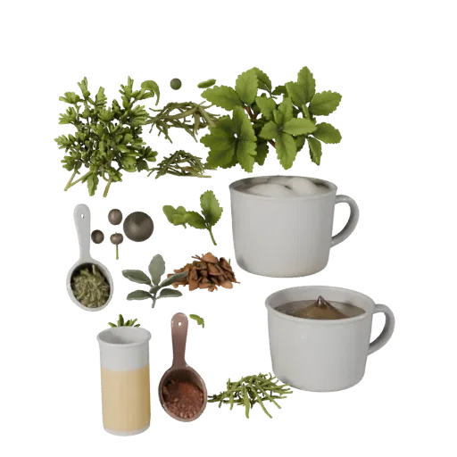 Fresh Herb Bundle 3D model, three-quarter front view, AR viewer studio render, showing powders, small ingredient shapes.