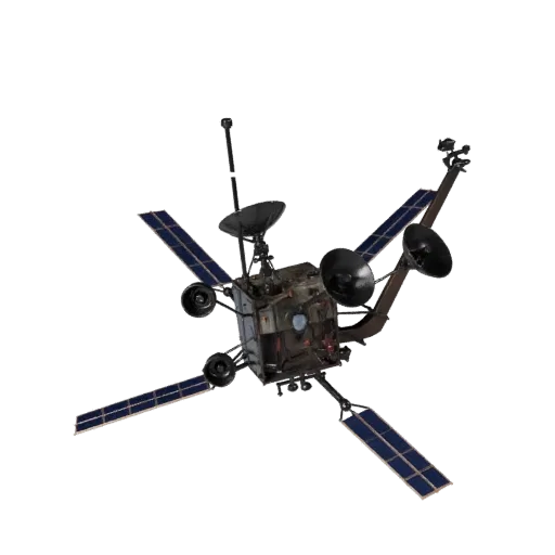 Navigation Satellite Realistic 3D model, three-quarter studio render, showing solar panels, spacecraft silhouette.