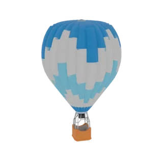Render 3D de un globo aerostático con envoltura de patrón azul y blanco y cesta naranja, aislado sobre fondo blanco.