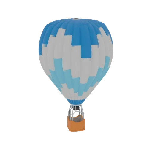 Render 3D de un globo aerostático con envoltura de patrón azul y blanco y cesta naranja, aislado sobre fondo blanco.