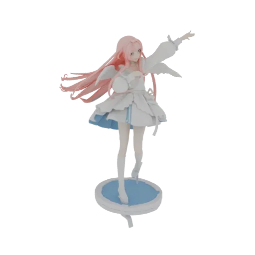 3D model of an angelic figure with long pink hair, wearing a white and blue dress, posed on a circular base.