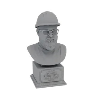 Render de modelo 3D de un busto gris de hombre con barba, casco y gafas, sobre un pedestal.