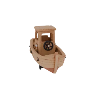 3D model of a cartoon-style children's boat with wood texture, steering wheel, lifebuoy, and wheels