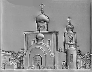 3D model of an Orthodox church, made in bas-relief style, with a central dome and smaller domes, arches, and windows.