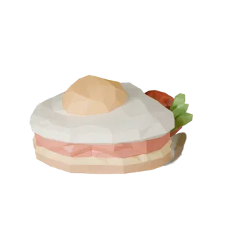 Modèle 3D low poly d'Œuf au plat, vue en trois-quarts du viewport du jeu, montrant les sauces, composition dressée.