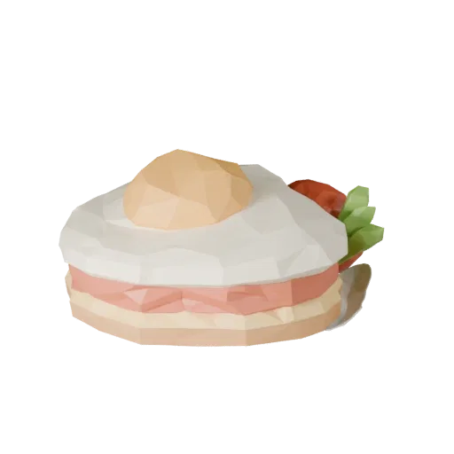 Fried Egg Low Poly 3D model, game viewport three-quarter view, showing sauces, plated composition.