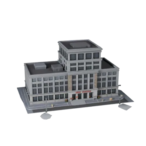 Modelo 3D de Estação de Bombeiros pronto para Unity, viewport do motor Unity, mostrando materiais de edifício público e detal