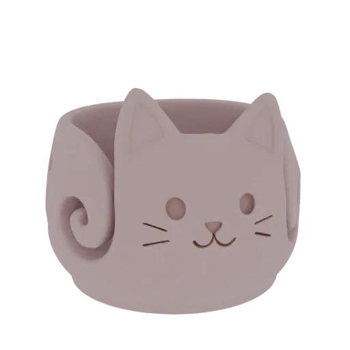 Uma renderização 3D de uma tigela de lã em forma de gato fofo, de cor roxa clara, com uma cauda enrolada na lateral, apresent