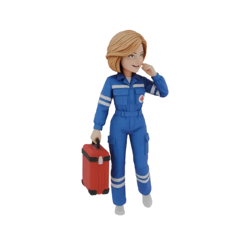 3D model of a female paramedic in a blue uniform, holding a red medical bag, with a friendly expression.