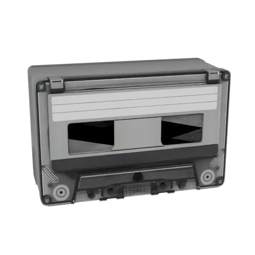 A 3D model of a classic gray cassette tape with a white label area, set against a black background.