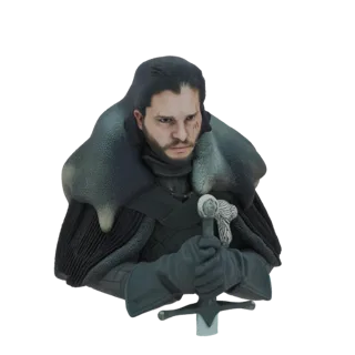 Modelo 3D del busto de Jon Nieve de Juego de Tronos, mirando al frente con expresión seria, sosteniendo su espada Garra de Hi