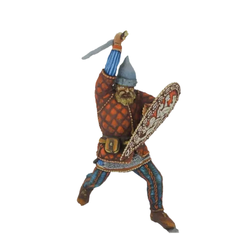 3D model of a medieval warrior in a dynamic pose, holding a sword aloft and a shield in front.