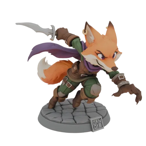 3D model of a foxy rogue character in a dynamic pose, holding a dagger, with a purple cloak and adventurer's outfit, standing