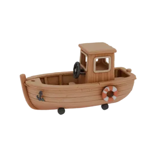 3D model of a toy boat, made in a clay sculpting style, with an anchor, lifebuoy, and steering wheel.