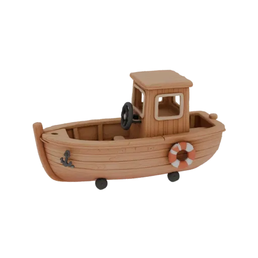 Modelo 3D de barquinho infantil em estilo argila, com âncora, boia salva-vidas e leme.