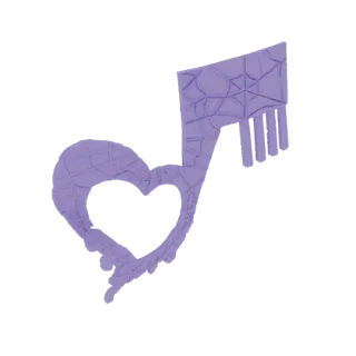 Modelo 3D de um coração roxo perfeitamente integrado a uma clave de sol, apresentando uma superfície detalhada e texturizada.