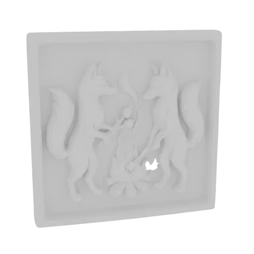 3D bas-relief model of two foxes roasting marshmallows over a campfire, rendered in a clean, white material.