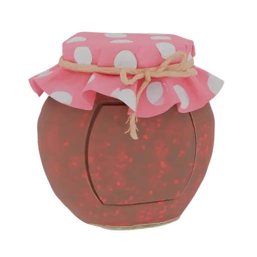 3D model of a glass jar filled with textured raspberry jam, topped with a pink polka dot fabric lid tied with twine.