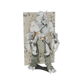 3D model of a white wolf warrior with sharp claws, detailed armor, and a green loincloth, standing against a textured backgro