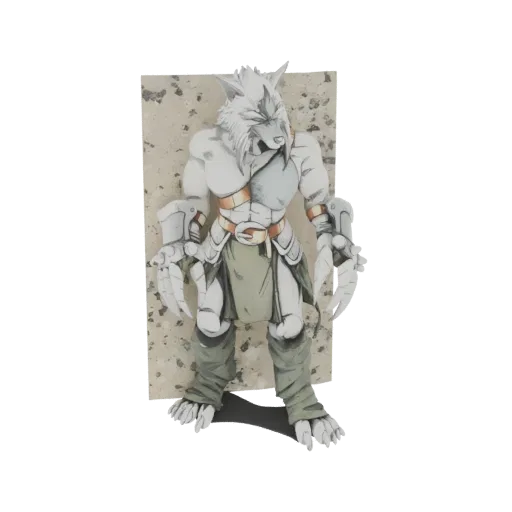 3D-Modell eines weißen Wolfskriegers mit scharfen Klauen, detaillierter Rüstung und einem grünen Lendenrock, der vor einem te