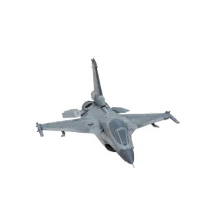 3D model of a grey Dassault Rafale fighter jet in flight, viewed from a slightly elevated front angle against a white backgro